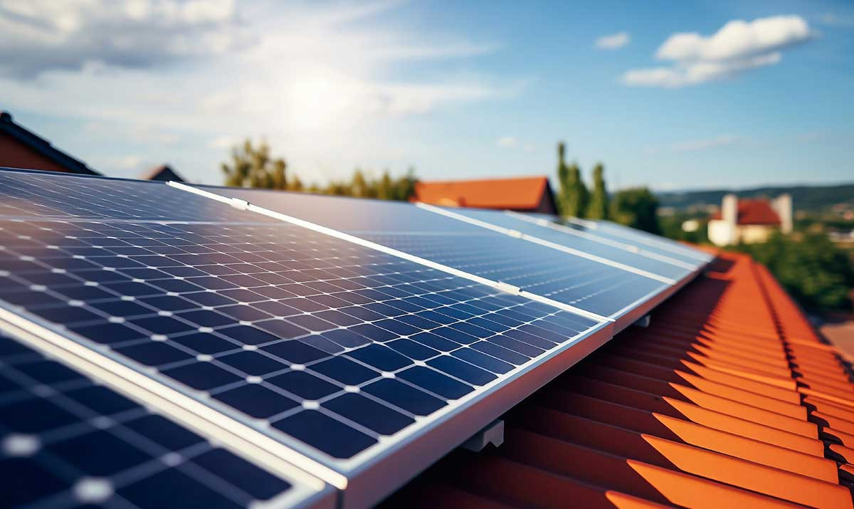 Solarzellen auf einem Dach bei Sonnenschein